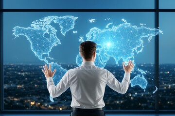 Businessman interacting with digital world map interface in futuristic office at night with glowing technology overlay and city background lights.