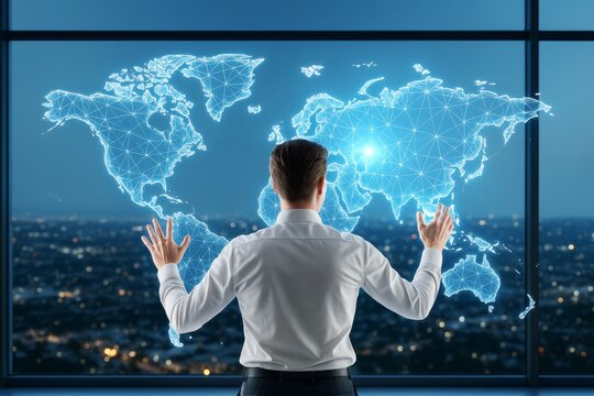 Businessman interacting with digital world map interface in futuristic office at night with glowing technology overlay and city background lights.