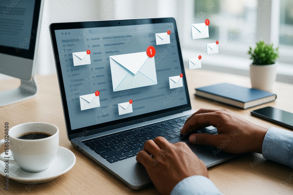 Poster man typing on laptop with floating email icons showing notifications in modern office environment wi
