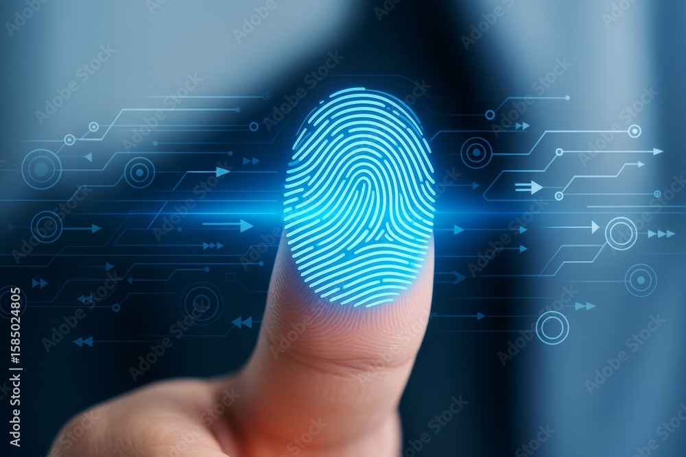 Poster digital fingerprint authentication with glowing biometric scan on human finger and futuristic circui