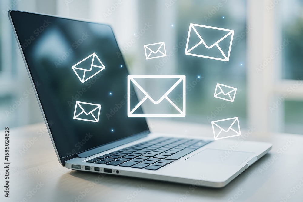 Aufkleber digital email communication concept with glowing envelope icons floating near a laptop on a table in
