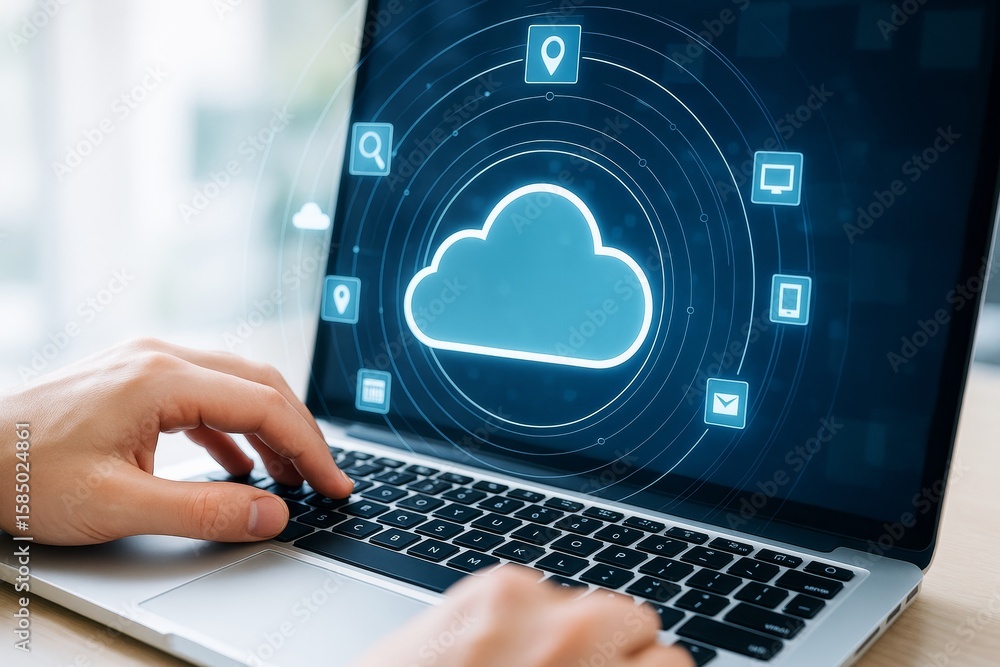 Aufkleber cloud computing technology concept on laptop screen with digital interface icons and human hand typi
