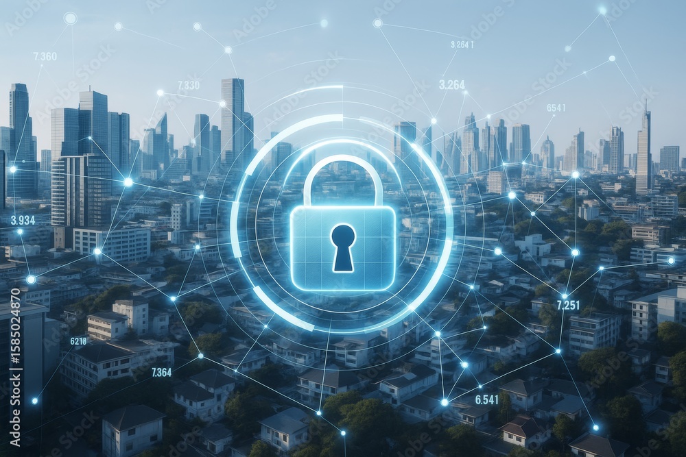 Poster futuristic cybersecurity concept with glowing padlock symbol over smart city skyline and data networ