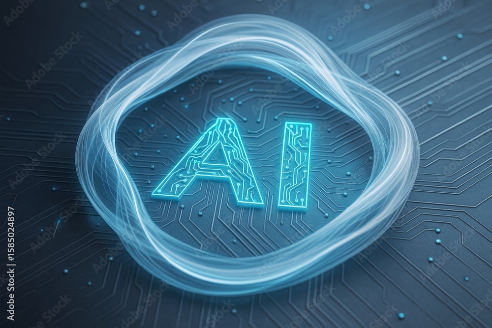 Poster futuristic ai text glowing in blue light surrounded by energy loop on digital circuit board backgrou