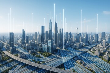 Futuristic digital smart city with blue light trails and glowing data streams over skyscrapers on clear sky background illustrating technology concept.