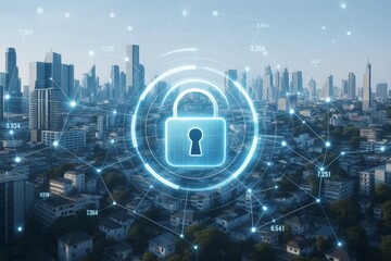 Futuristic cybersecurity concept with glowing padlock symbol over smart city skyline and data network connections on a bright daylight background.