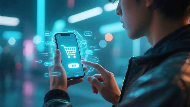 Person using smartphone with shopping cart on screen for online purchase in a futuristic setting