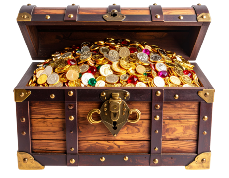 A - “Open Wooden Pirate Chest Overflowing with Gold Coins and Gems, Front View, Transparent Background - Powered by Adobe