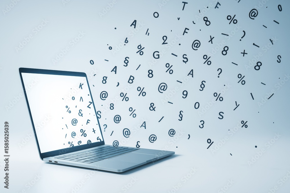 Poster laptop with floating symbols emerging from screen on light background, representing data transfer an