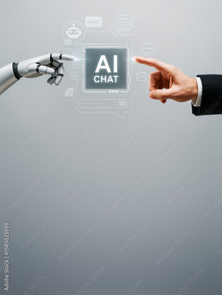 Poster human hand and robotic arm reaching toward ai chat icon on clean gradient background symbolizing com
