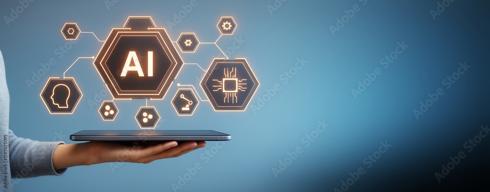 Poster futuristic ai technology interface displayed above a tablet held by hand with glowing icons on a cle