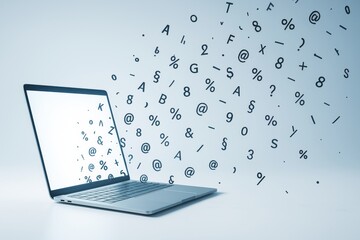 Laptop with floating symbols emerging from screen on light background, representing data transfer and digital communication concept. Ai generative.