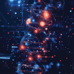 Biotechnology, digital DNA analysis concept with glowing helix and circuit board vector illustration, vector style simple color