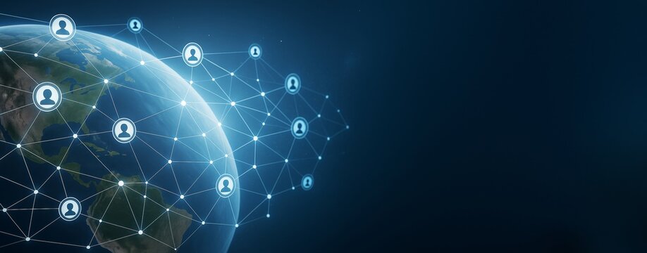 Global digital network system connecting people across the planet with technology icons and communication links on a dark blue background.