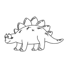 A cartoon stegosaurus with a friendly expression. It has a rounded body, short legs, and distinctive plates along its back. The drawing is in black and white.
