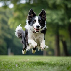 Action Shot of Energetic Border Collie Leaping in Mid-Air in a Green Park