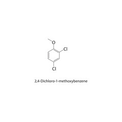 2,4-Dichloro-1-methoxybenzene skeletal structure. halogen benzene compound schematic illustration. Simple diagram, chemical formula.