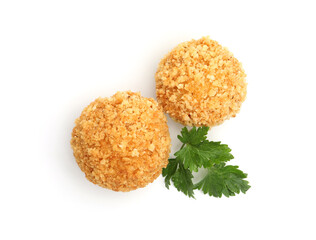 Delicious fried croquette balls and parsley isolated on white, top view