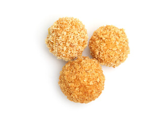 Delicious fried croquette balls isolated on white, top view