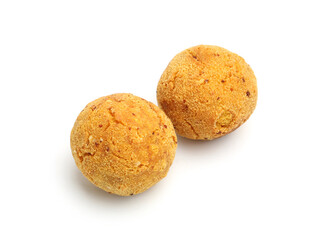 Delicious fried croquette balls isolated on white, above view
