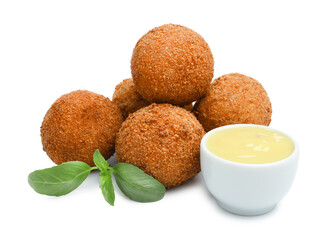 Delicious fried croquette balls, sauce and basil isolated on white