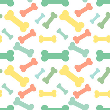 A colorful pattern of dog bones in various shapes and sizes. The bones are in shades of pink, yellow, green, and blue against a white background.