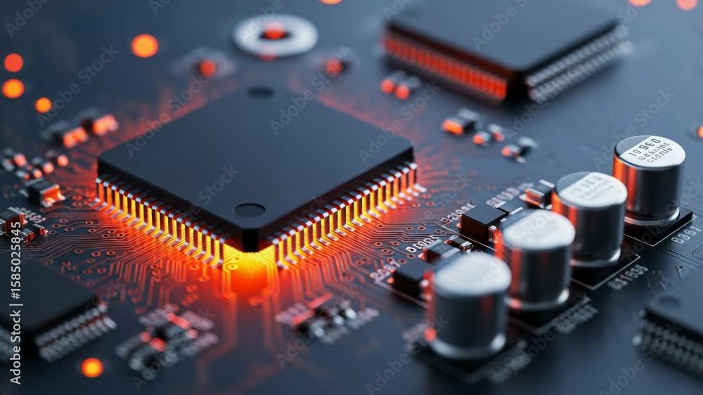 Poster a detailed view of a computer circuit board showcases advanced technology with its intricate chip de