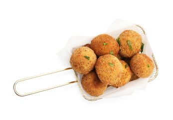 Delicious fried croquette balls with parsley in metal basket isolated on white, top view