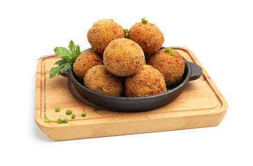 Delicious fried croquette balls with green onion and parsley isolated on white