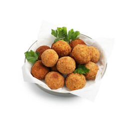 Delicious fried croquette balls with parsley in bowl isolated on white