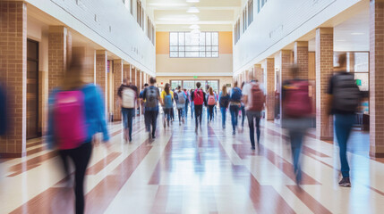 Students walking down a school hallway with lockers and a large window at the end of the hall