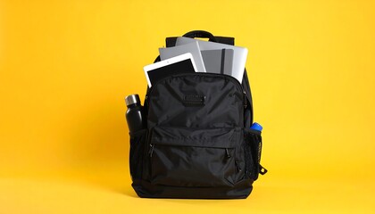 Fototapeta premium Black backpack filled with tech items against a bright yellow background