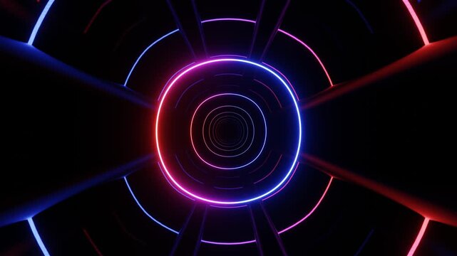 Hi-tech neon sci-fi tunel. Trendy neon glow lines form pattern and construction in mirror tunnel. Neon pattern, signal. Fly through technology cyberspace. 3d looped seamless 4k bright youth background