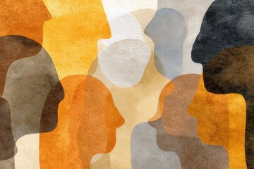 Abstract representation of diverse human faces interconnected through intricate design patterns and earthy color palette illustrating unity collaboration and human connections