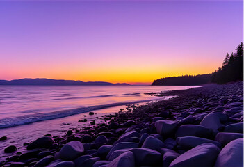 Obraz premium a beautiful purple-yellow sunset seen from a stone beach with a forest on the right side and mountains in the background