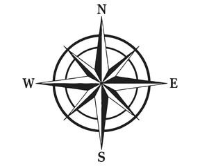 Black and White Compass Rose with Cardinal Directions and Circular Border