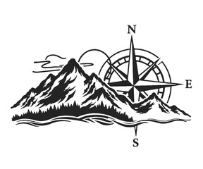 Black and White Mountain Range with Compass Rose Illustration © MdAbdullah