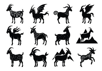 Fantasy and Decorative Goat Silhouettes Vector Collection in Various Artistic Styles on white background 

