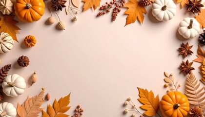 Fototapeta premium Autumn harvest festival decorations cozy home decorative arrangement warm environment top view seasonal celebration