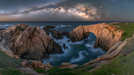 Nighttime Landscape Photography of Natural Rock Arch Over Ocean Waves at Big Sur
