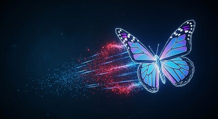 A digital butterfly with glowing blue and purple wings emitting particles on a dark blue background