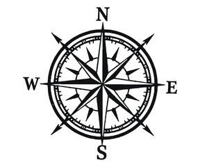 Detailed Black and White Compass Rose with Cardinal Directions Design