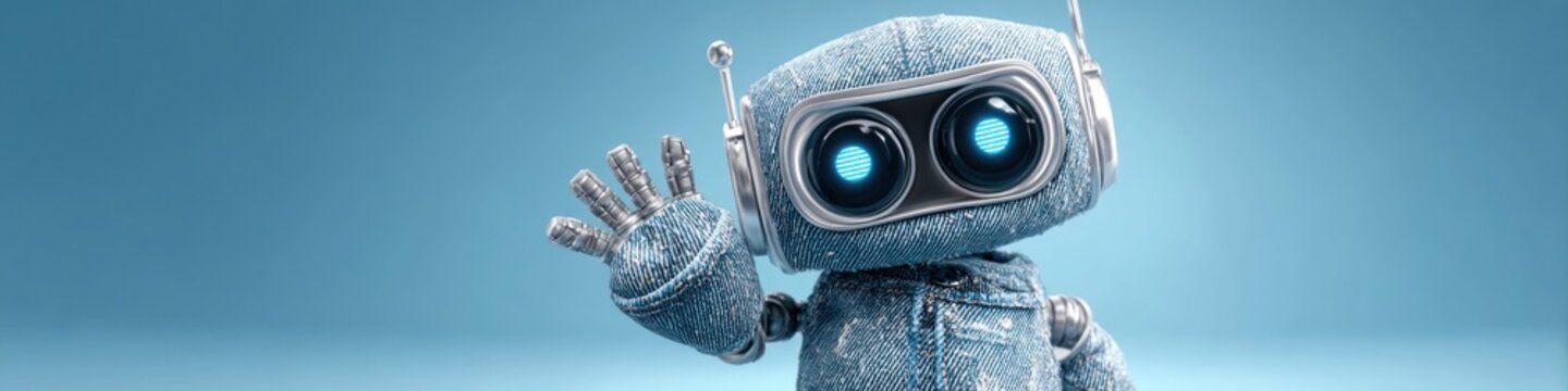 Denim robot waves hello, a charming blend of futuristic technology and classic fabric, showcasing a friendly android with glowing blue eyes and metallic accents against a blue backdrop.