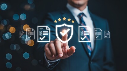 Businessman touching a digital interface showing quality assurance and compliance checks