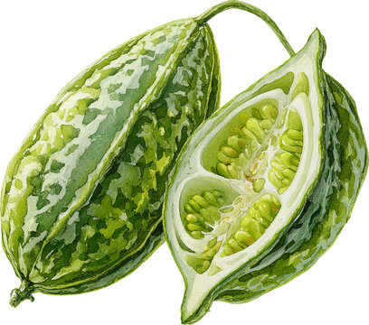 Watercolor painting of a whole and halved snake gourd isolated on transparent background