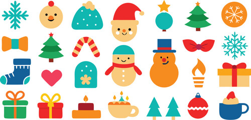 Vector art of a collection of festive christmas icons including snowflakes, trees, gifts, and holiday characters isolated on transparent background.