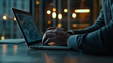 Business data analysis, finance, and investment concept. Businessman working on laptop analyzing sales data, financial graph growth chart, business planning, strategy, and development