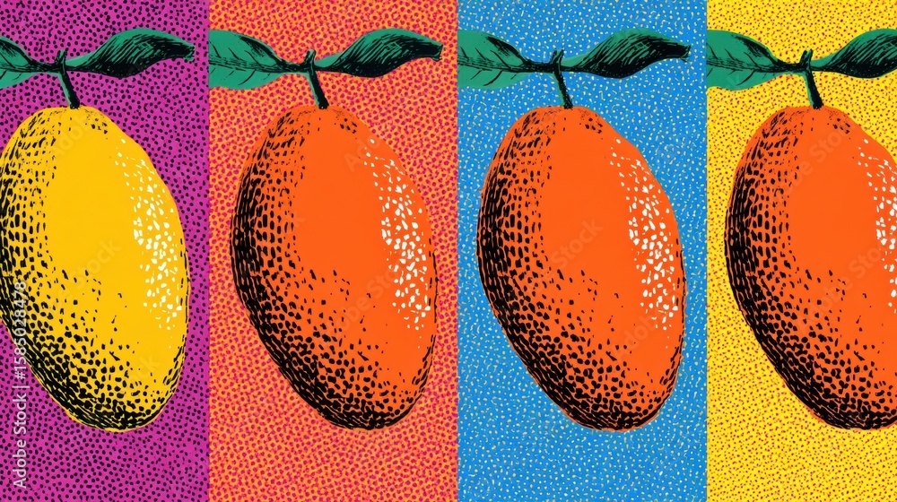 Poster bold pop art design featuring repeated mango patterns with vibrant colors and halftone texture again