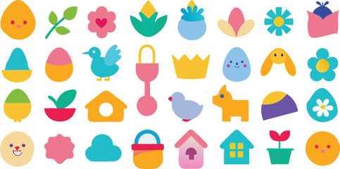 Obraz premium Vector art of a cheerful collection of easter icons with decorated eggs, cute bunnies, and spring flowers isolated on transparent background.