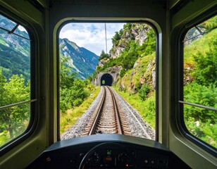 A scenic view from a train driver’s cockpit showing railway tracks heading into a distant tunnel, framed by beautiful mountains. A perfect blend of adventure, nature, and perspective.